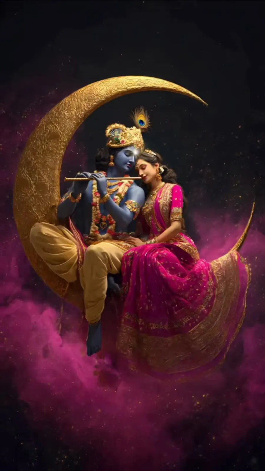 Radha Krishna seated on a golden crescent moon on Sharad Purnima night of Ras Leela - शरद पूर्णिमा रास लीला, राधा कृष्ण चित्र