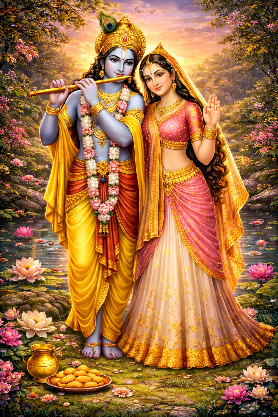 Radha Krishna painting in a Vrindavan garden at sunrise - Krishna playing flute beside Radha Rani, ideal dhyan image for Radha Naam Jap (राधा कृष्ण वृंदावन चित्र - राधा नाम जप ध्यान)