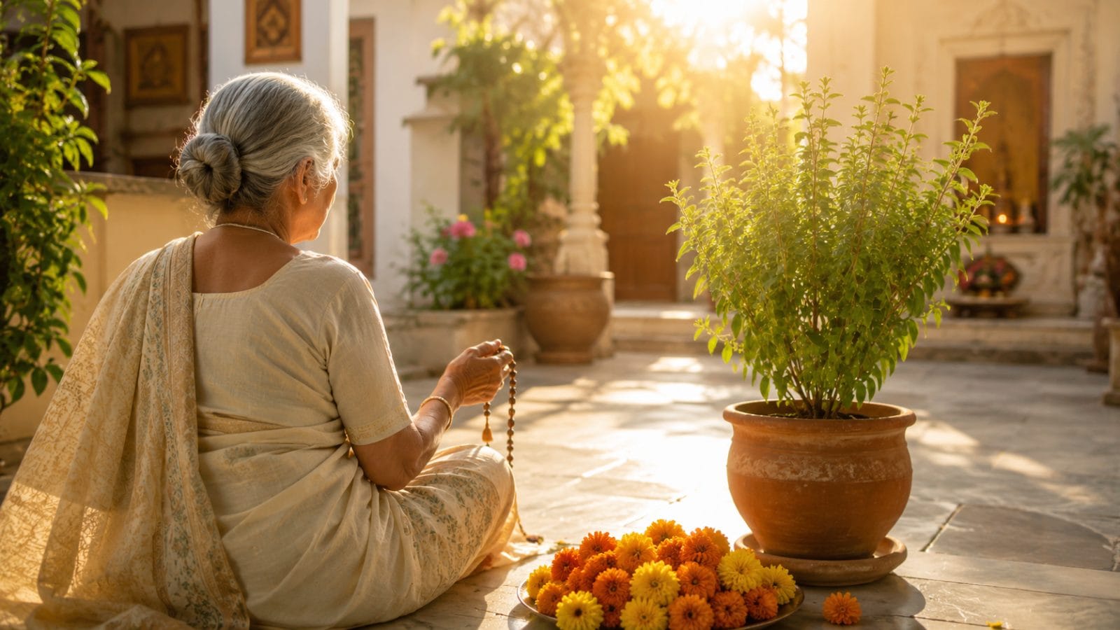 धूप से भरे घर के आंगन में एक बुजुर्ग महिला की पीठ, हाथ में तुलसी की माला और पास में तुलसी का पौधा, सुनहरी सुबह की रोशनी