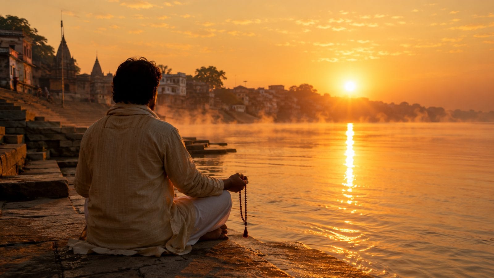 काशी में गंगा किनारे सुबह की सुनहरी रोशनी में घाट के पत्थर पर बैठे एक भक्त की पीठ, हाथ माला पर, सूर्योदय का प्रकाश पानी पर बिखरा हुआ