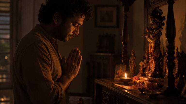 एक व्यक्ति मंदिर के सामने हाथ जोड़े खड़ा है, चेहरे पर पीड़ा और सवाल, पर आँखों में अब भी एक उम्मीद