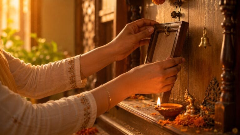 घर के शांत मंदिर में हाथ एक भगवान की फ्रेम की हुई तस्वीर को फिर से दीवार पर सहारे से टांगते हुए