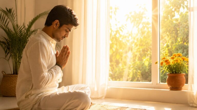 एक व्यक्ति सुबह की कोमल रोशनी में खिड़की के पास हाथ जोड़े मन ही मन भगवान का नाम ले रहा है