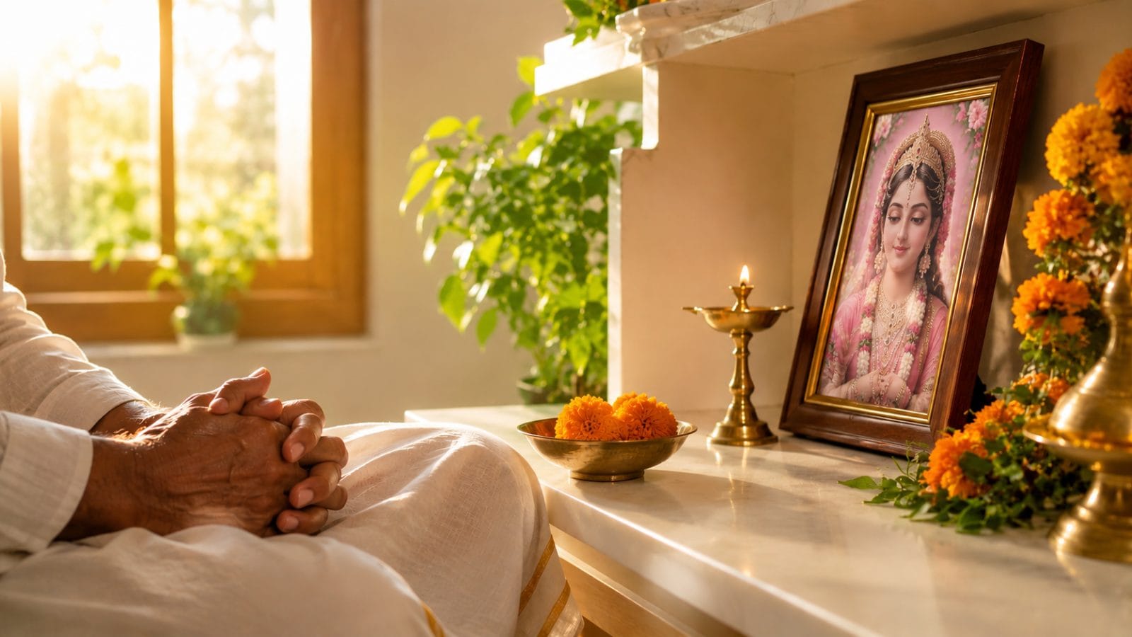घर के एक उज्जवल कोने में एक बुज़ुर्ग भक्त हाथ जोड़े भगवान की तस्वीर के सामने बैठे हैं, सुबह की धूप और ताज़े फूल चारों ओर बिखरे हैं