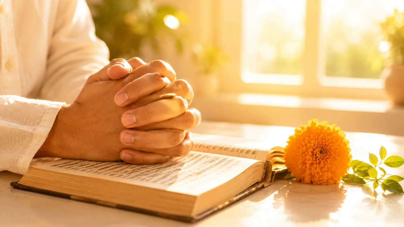 A devotee's hands clasped in prayer resting on an open scripture, warm sunlight through a window, a small marigold flower nearby, bright serene atmosphere