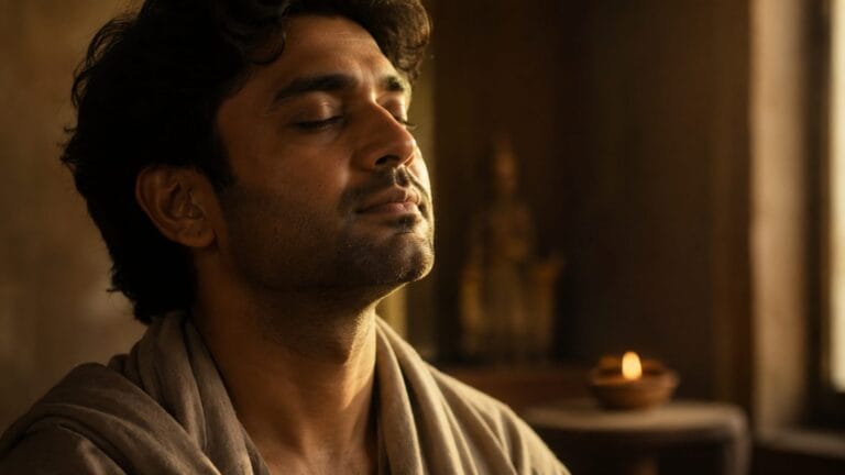एक व्यक्ति आँखें मूँदकर गहरी साँस लेते हुए मन ही मन भगवान का नाम जप रहा है, चेहरे पर शांति