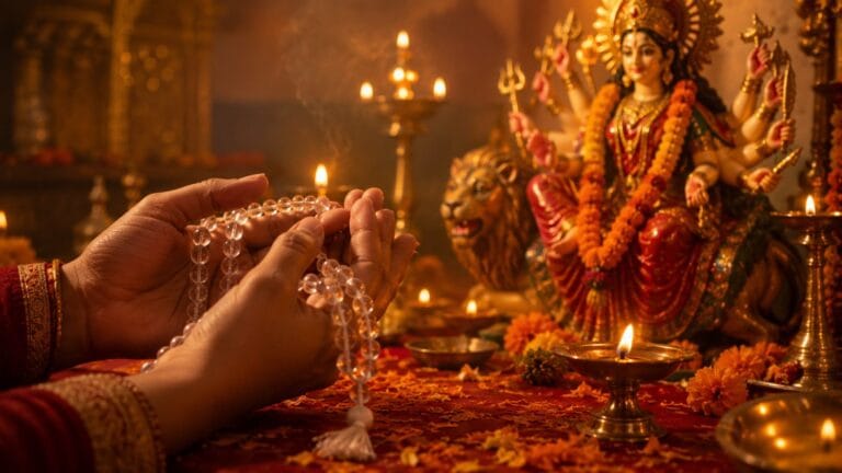नवरात्रि की शाम को जलते दीपक के सामने स्फटिक माला लिए हुए भक्त के हाथ, सुनहरी रोशनी