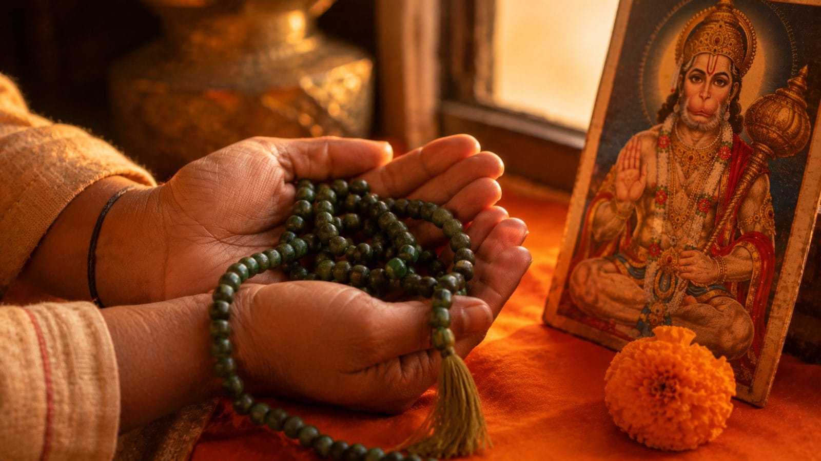 Hanuman devotee chanting naam jap on a rudraksha mala