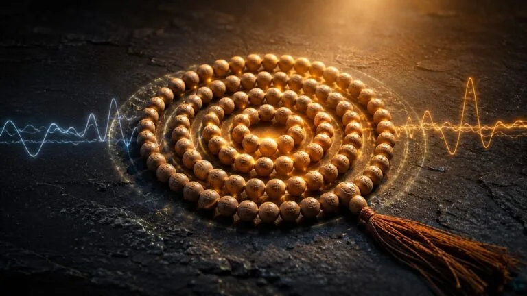 A devotee chanting a mantra on a 108-bead mala