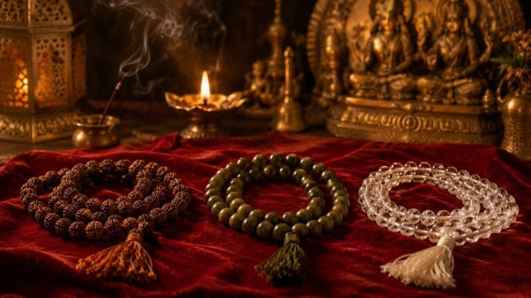 तीन प्रकार की जप-माला - रुद्राक्ष, तुलसी और स्फटिक - एक लाल वस्त्र पर एक साथ सजी हुई