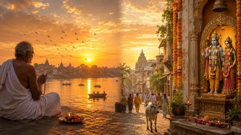 A devotee's hands holding a tulsi mala, chanting softly at dawn beside an oil lamp, warm golden light, peaceful devotional setting