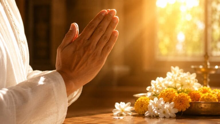 हाथ जोड़कर प्रार्थना करते एक व्यक्ति, सुबह की सुनहरी धूप की रोशनी, आशा और भक्ति का उज्ज्वल वातावरण