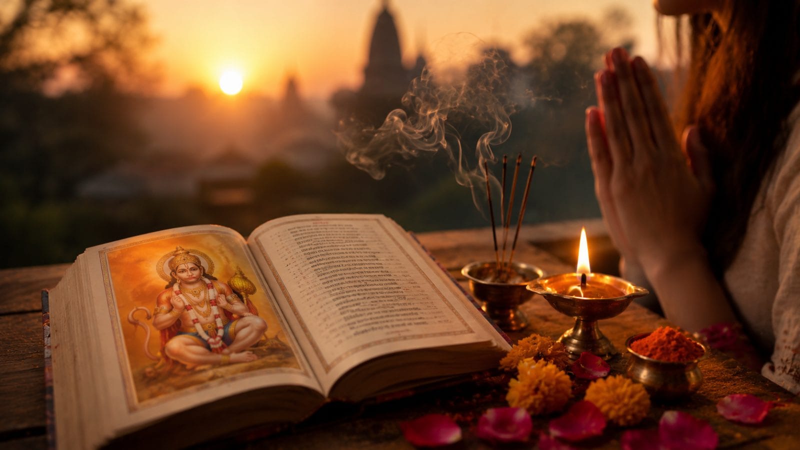 खुली हनुमान चालीसा की पुस्तक के पास जलता दीया, सिंदूर और ताज़े फूल - महिला भक्ति का प्रतीक