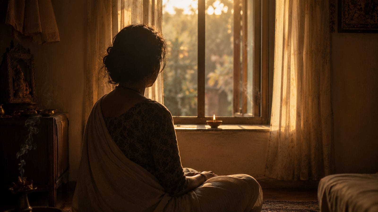 खिड़की के पास शांत बैठी स्त्री की पीठ, सांझ की सुनहरी रोशनी में जलता दीया, मन ही मन नाम जप का शांत वातावरण