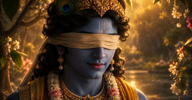 आँखों पर पट्टी बांधे भगवान - नेत्र उन्मीलन का प्रतीक