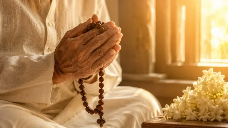 Aged hands gently clasped in prayer holding rudraksha beads, soft warm morning light through a window, peaceful and serene atmosphere