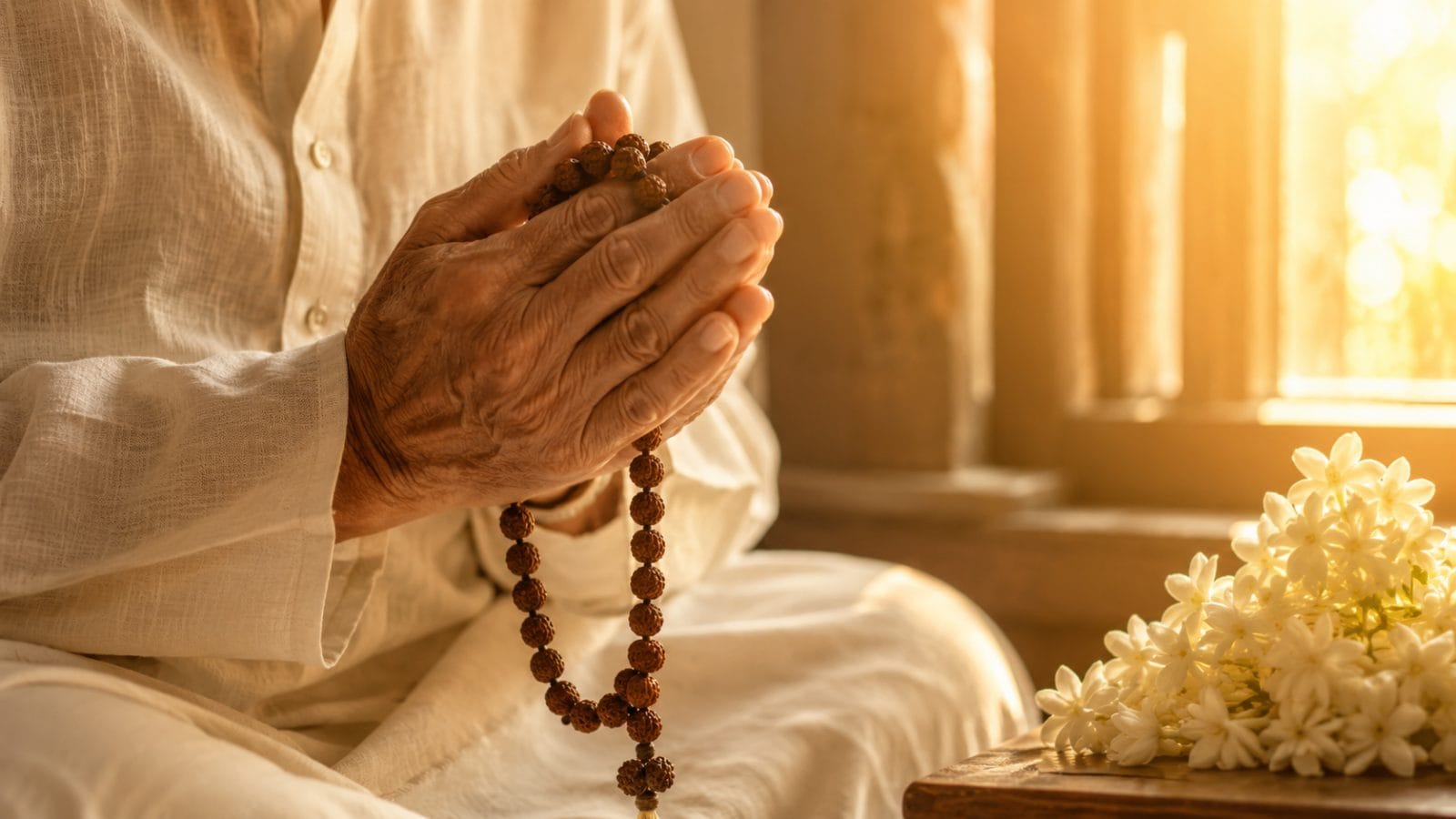 Aged hands gently clasped in prayer holding rudraksha beads, soft warm morning light through a window, peaceful and serene atmosphere