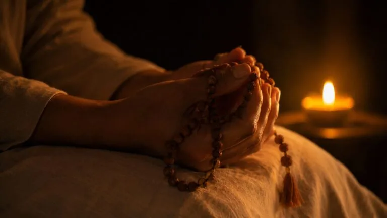 A person's hands resting in a meditative gesture, a 108-bead mala draped over their fingers, soft golden candlelight, peaceful and calming atmosphere