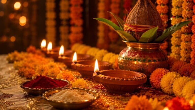 नवरात्रि के दीप और कलश के सामने मन से प्रार्थना करने का प्रतीकात्मक दृश्य