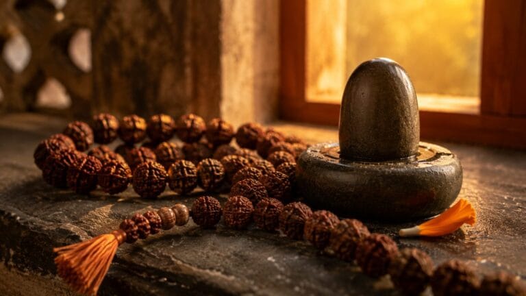 रुद्राक्ष की माला से ॐ नमः शिवाय का जप करते शिवभक्त