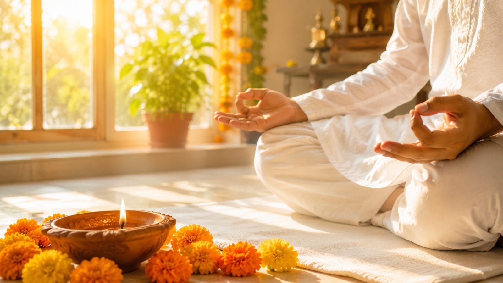 सुबह की धूप में एक व्यक्ति के हाथ तुलसी माला पर जप करते हुए, सामने जल का कलश और फूल, शांत घरेलू वातावरण