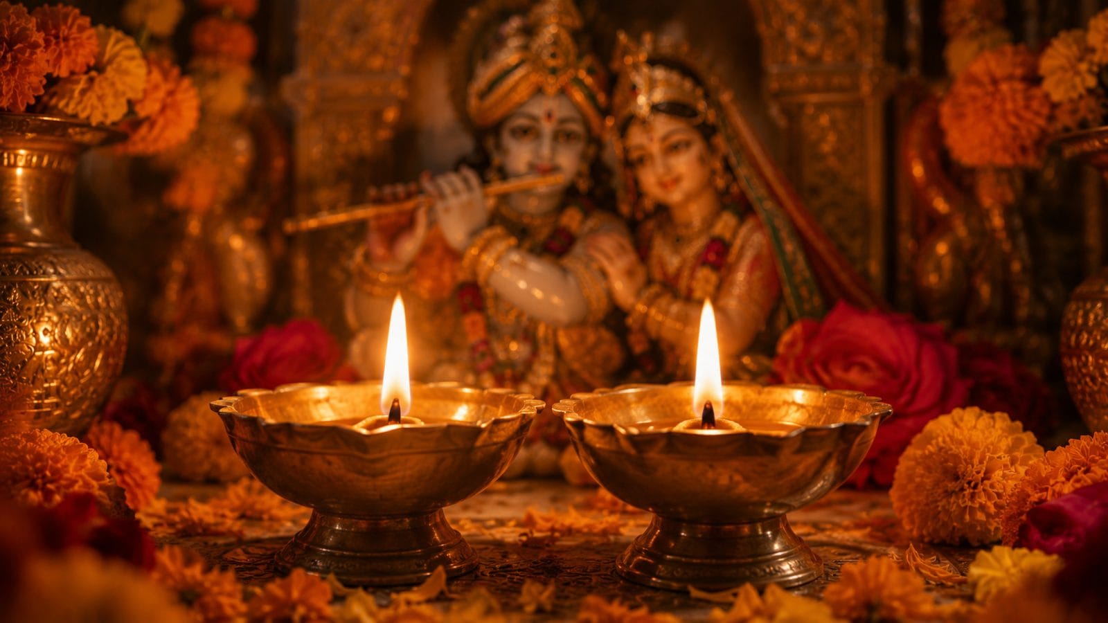 मंदिर में राधा-कृष्ण की युगल छवि के सामने दीप जलाते भक्त के हाथ, सुनहरी रोशनी