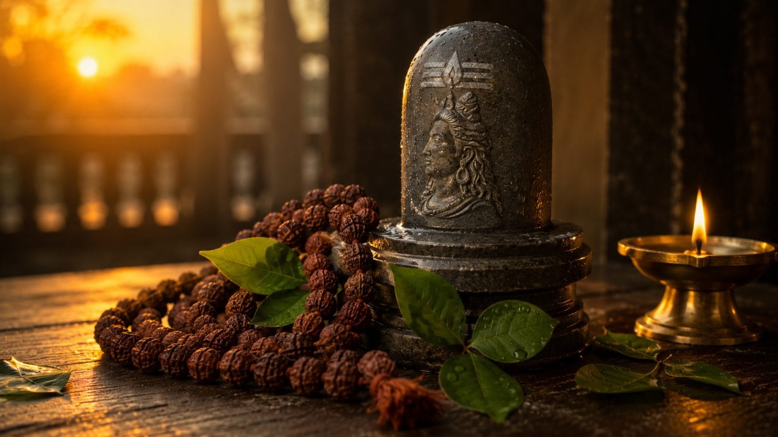 शिवलिंग के पास रखी रुद्राक्ष की माला और बिल्व पत्र, सुबह की कोमल रोशनी में