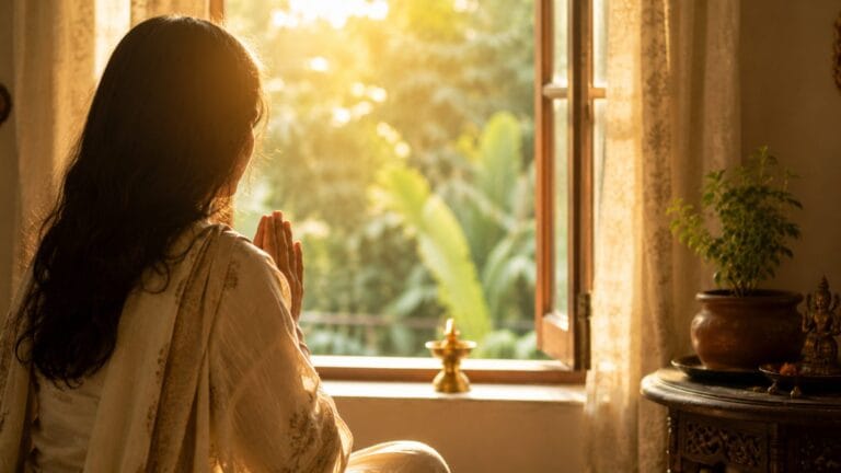 एक खिड़की के पास बैठी महिला के हाथ जोड़े हुए, बाहर से नरम सुनहरी धूप आ रही है, शांत और उम्मीद भरा माहौल, कोई चेहरा नहीं दिखता, warm devotional mood, 16:9