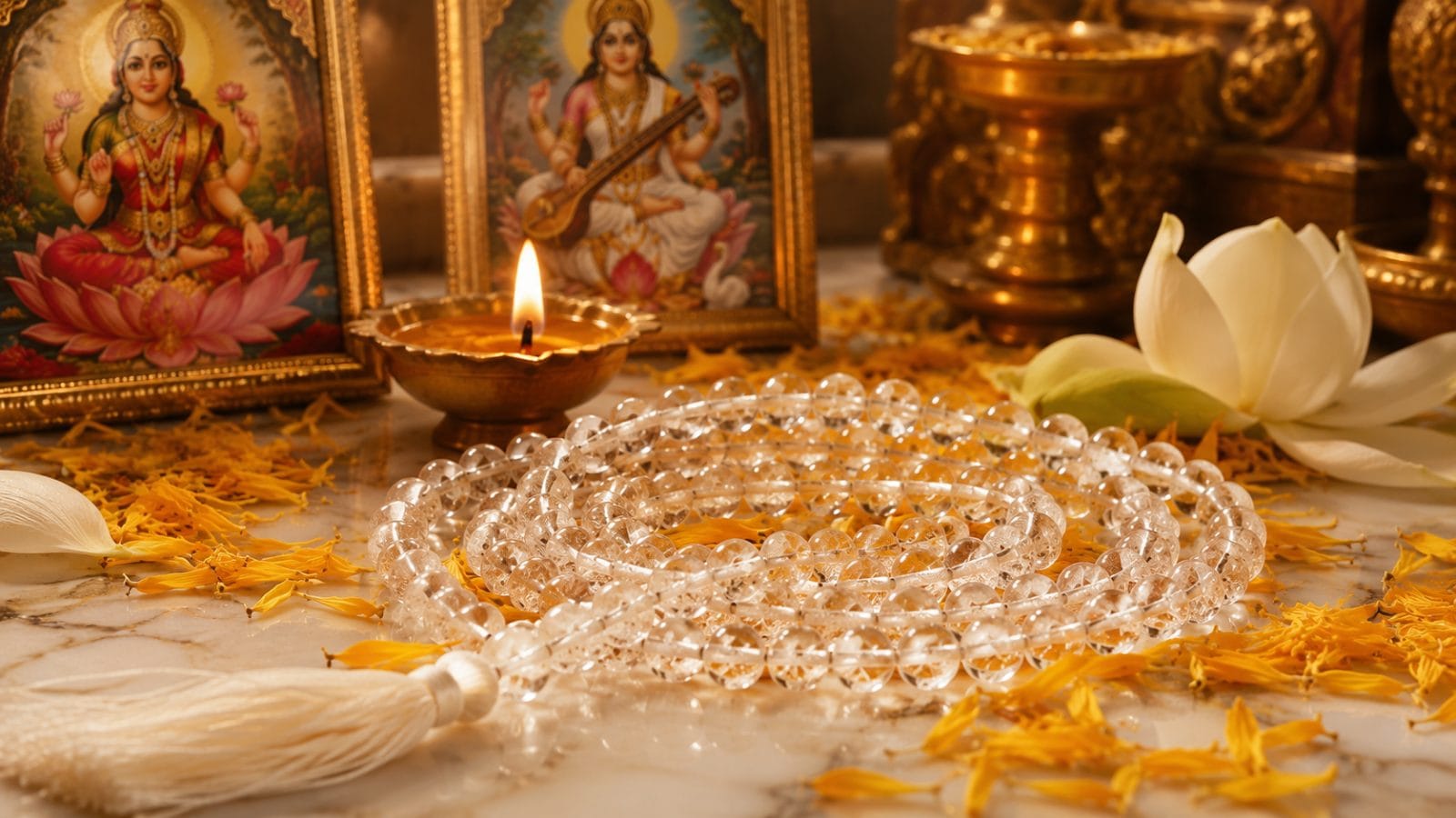 एक पारदर्शी स्फटिक माला पीले गेंदे के फूलों पर, सुनहरी दीये की रोशनी में, शांत भक्तिमय वातावरण