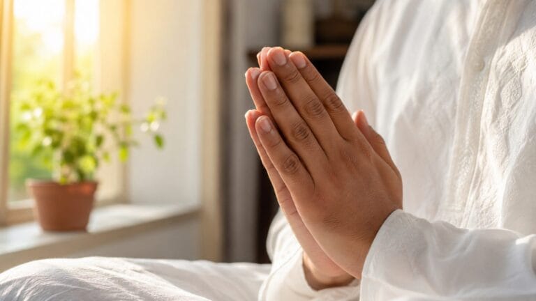 शोकाकुल परिवार के एक सदस्य के हाथ शांत भाव से जुड़े हुए, पृष्ठभूमि में सुबह की सुनहरी रोशनी में घर का कमरा