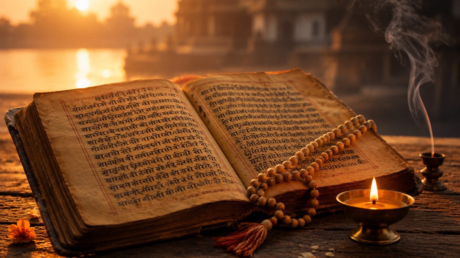 एक खुली रामचरितमानस के पास तुलसी की माला और जलता हुआ दीपक भोर के प्रकाश में