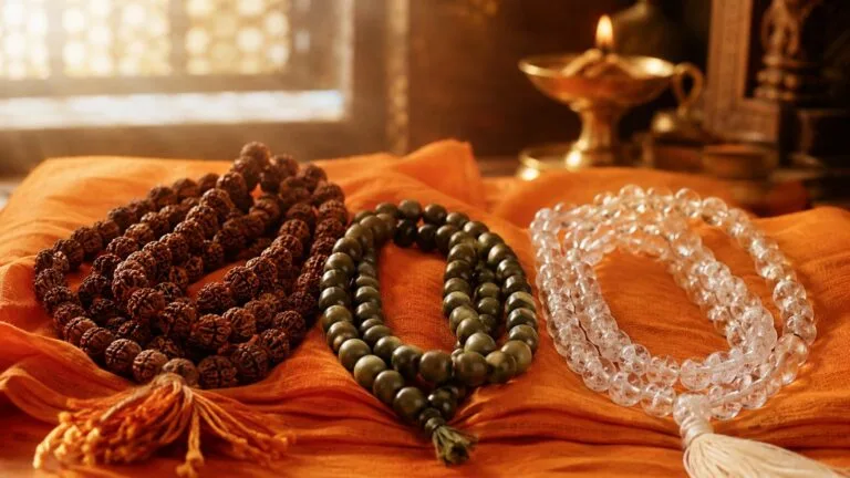 Three japa malas side by side - a dark rudraksha, a smooth green tulsi, and a translucent crystal sphatik mala - resting on a folded saffron cloth with a small brass diya glowing softly