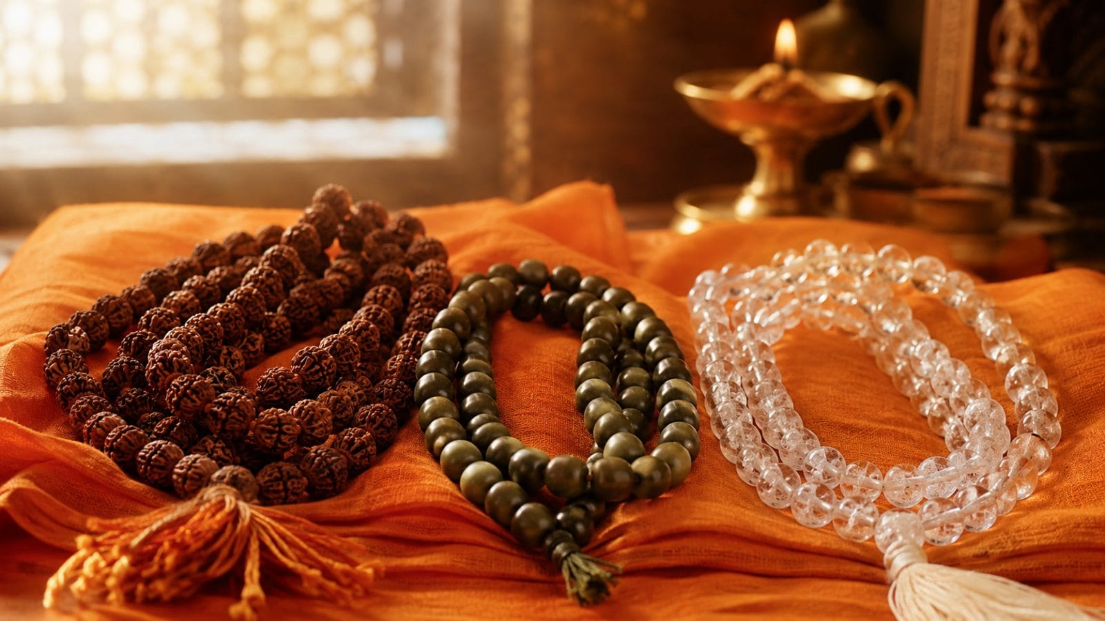 Three japa malas side by side - a dark rudraksha, a smooth green tulsi, and a translucent crystal sphatik mala - resting on a folded saffron cloth with a small brass diya glowing softly