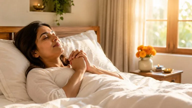 A person resting peacefully in bed with hands gently folded, soft morning sunlight streaming through a window, fresh flowers on a bedside table, hopeful and serene atmosphere