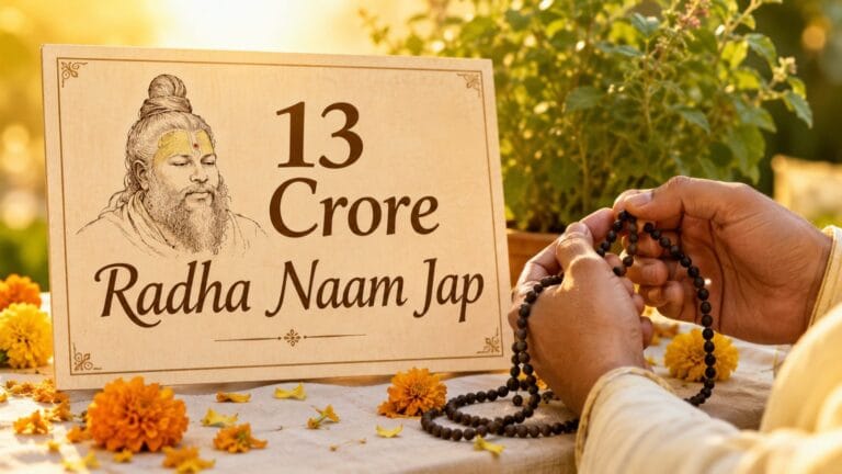 सुबह की धूप में तुलसी माला हाथ में लिए राधा नाम जपती एक भक्त, माला के मनके उँगलियों से गुज़र रहे हैं, पास में गेंदे के फूल