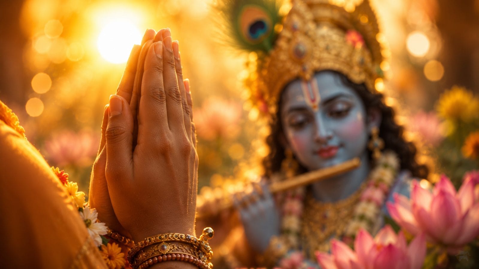दो हाथ जुड़े हुए नमस्कार मुद्रा में, पृष्ठभूमि में भगवान कृष्ण का मुकुटधारी मुस्कुराता चेहरा, सुनहरी आभा में, कमल के फूल